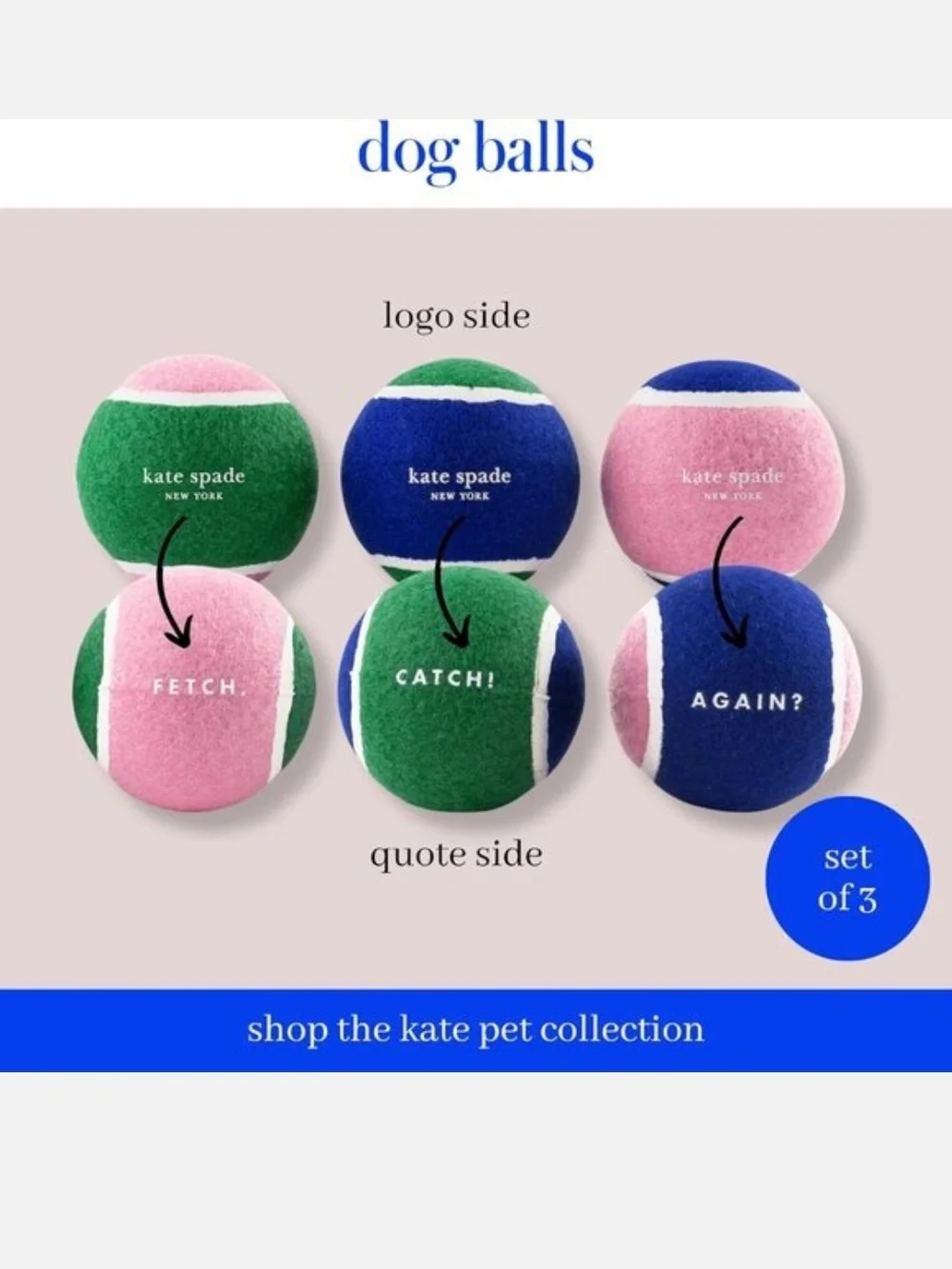 kate spade Blue, Green & Pink Plush Dog Tennis Ball Set Of 3 NWT